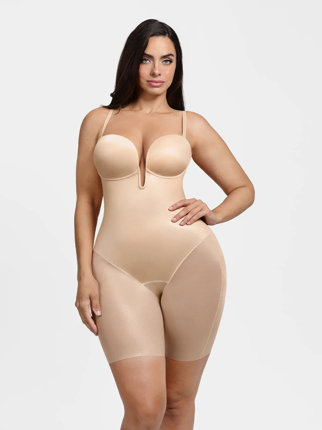Popilush® Shapewear Deep V Convertible Strap Mid-Thigh Bodysuit