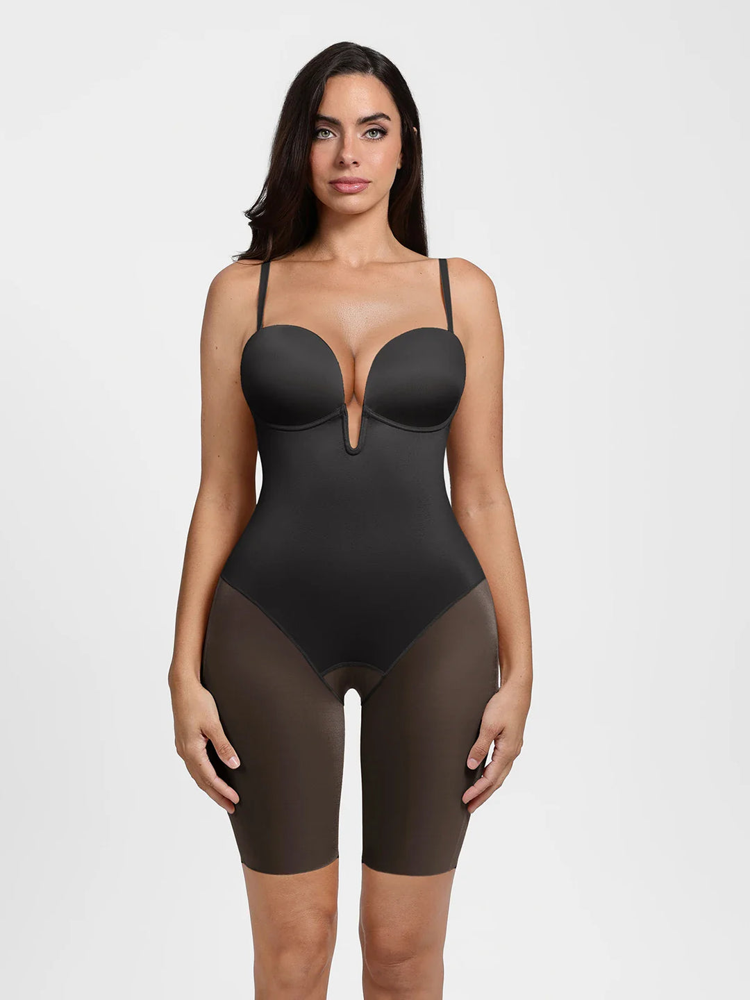 Popilush® Black / S Shapewear Deep V Convertible Strap Mid-Thigh Bodysuit