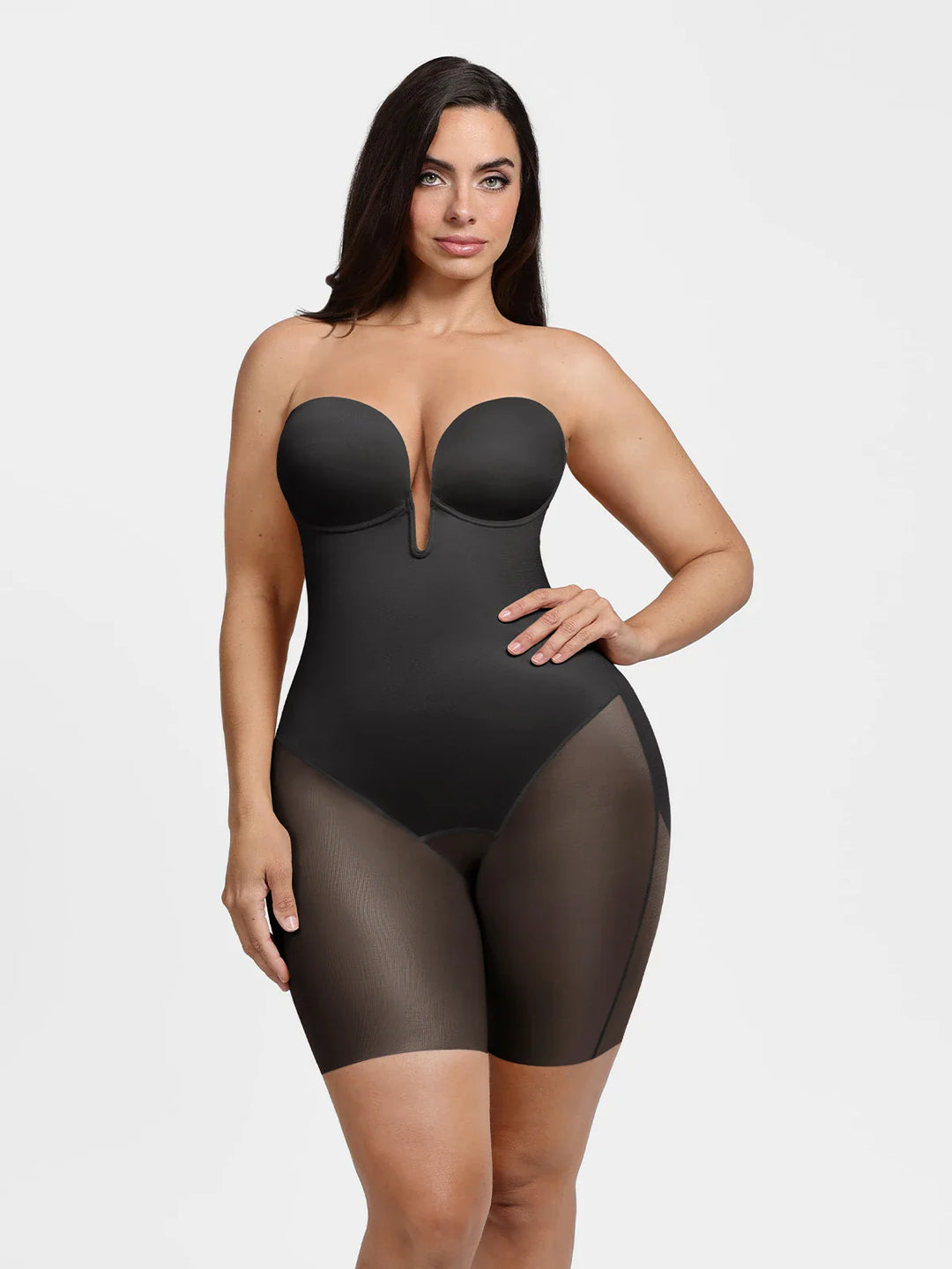Popilush® Black / S Shapewear Deep V Convertible Strap Mid-Thigh Bodysuit