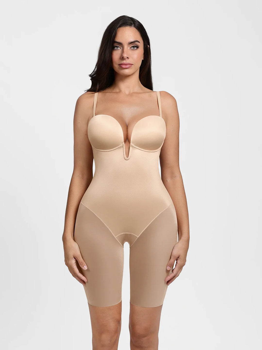 Popilush® Skin / S Shapewear Deep V Convertible Strap Mid-Thigh Bodysuit