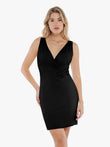 Black deep V-neck bias twist sculpting mini dress with built-in shapewear.
