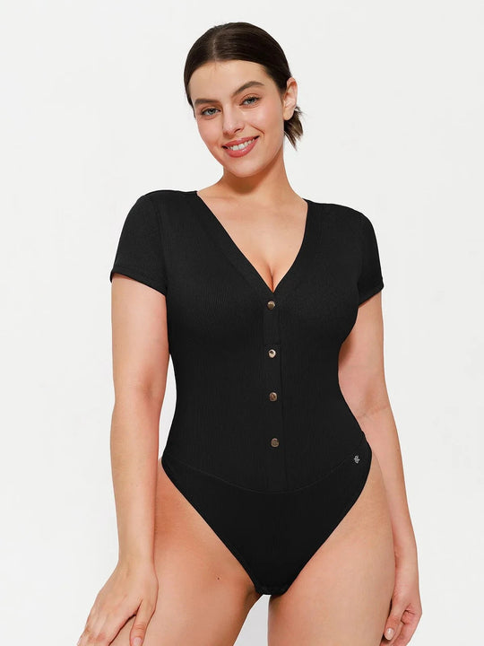 Popilush® Black / XS Shapewear Deep V-Neck Button Front Sculpting Bodysuit