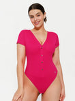 Pink ribbed V-neck bodysuit with button front and short sleeves