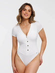 Popilush® White / XS Shapewear Deep V-Neck Button Front Sculpting Bodysuit