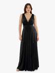 Shapewear Deep V-Neck Front Slit Goddess Maxi Dress in black, featuring a plunging neckline, empire waist, and a high slit.