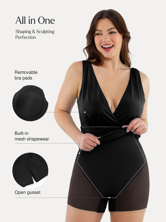 Popilush® Shapewear Deep V-Neck Front Slit Goddess Maxi Dress