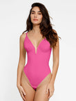 Popilush pink deep V-neck low back sculpting thong bodysuit