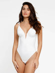 White deep V-neck low back sculpting thong bodysuit shapewear.