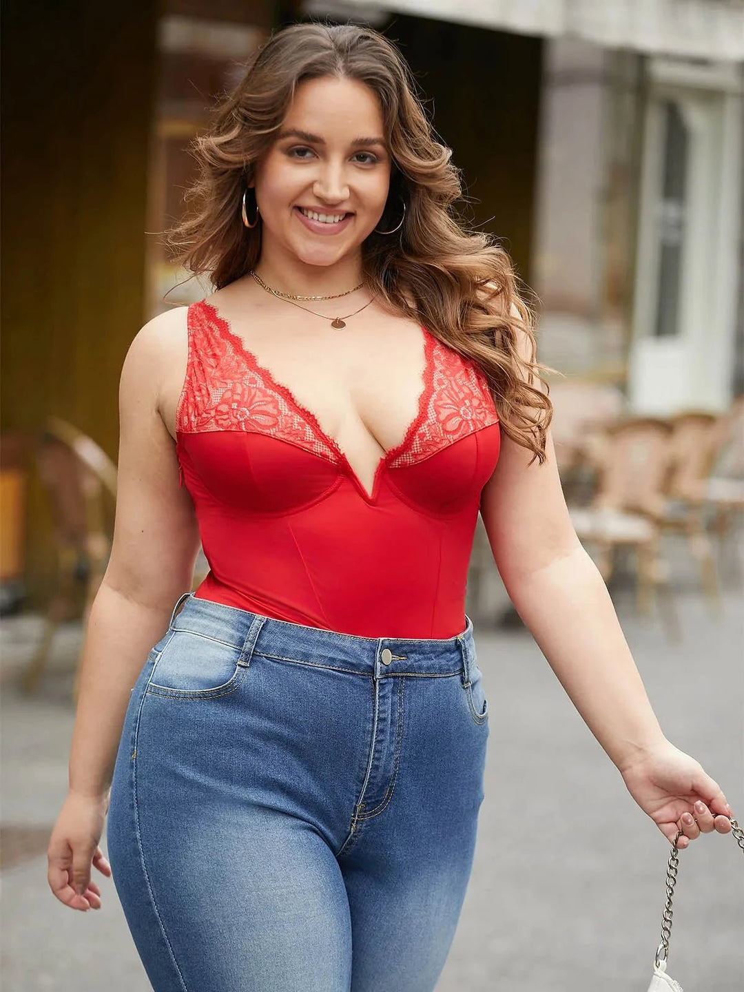 Popilush® Sexy Tops Body Shaper Shapewear Deep V-Neck Sculpting Lace Inset Bodysuit