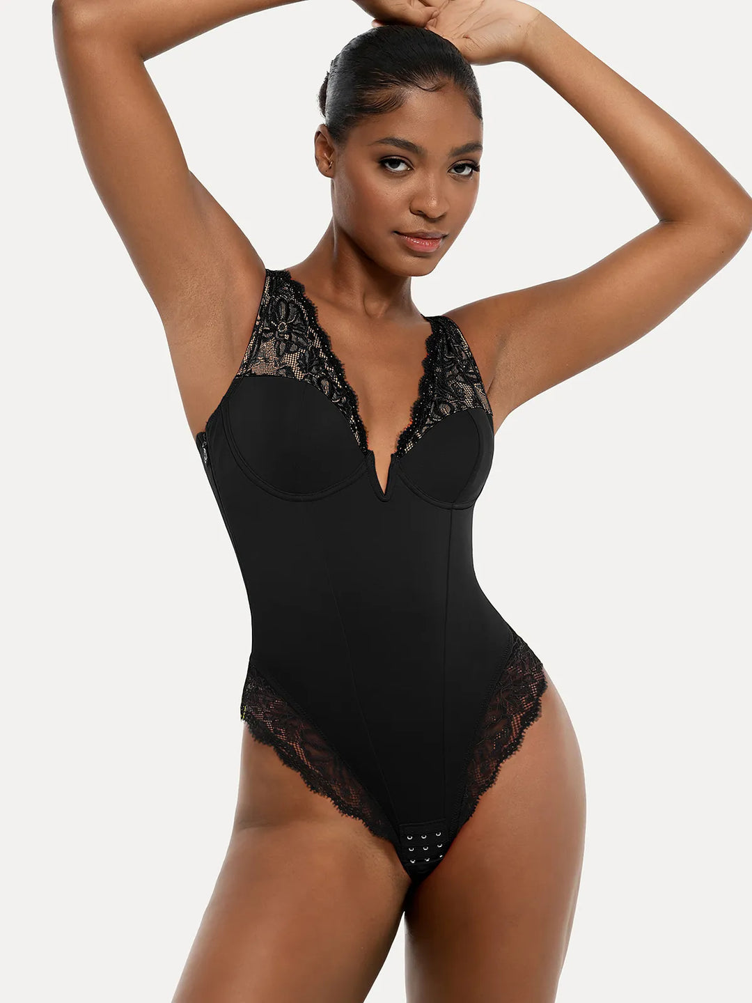 Deep V-Neck Sculpting Lace Bodysuit | Tummy Control - Popilush Deep V-Neck Sculpting Lace Bodysuit | Tummy Control - Popilush