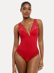 Red deep V-neck sculpting lace inset bodysuit