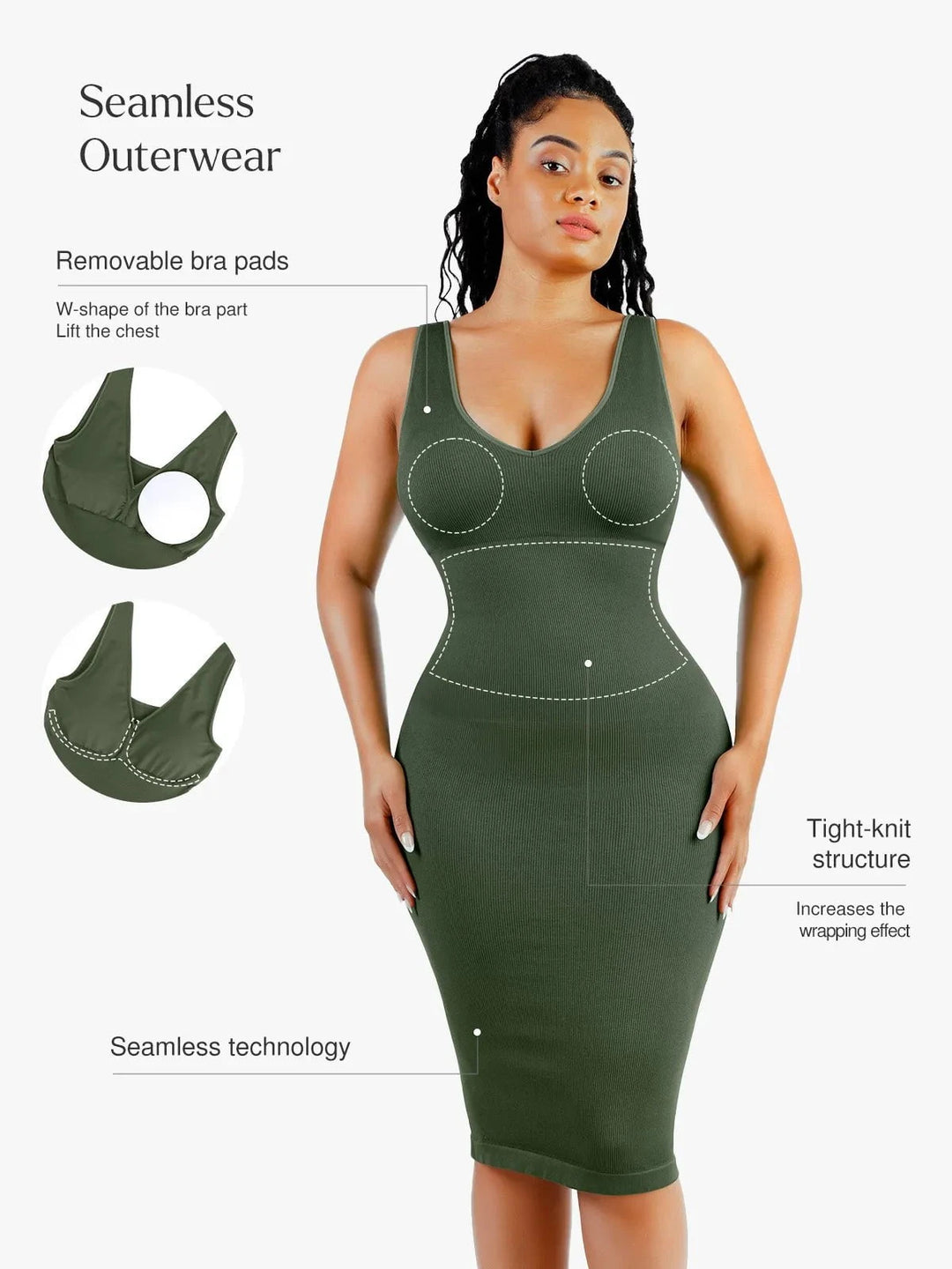 Popilush® Shapewear Deep V-Neck Tummy Control Midi Dress