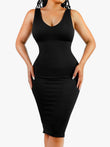 Black seamless shaper dress with deep V-neck and ribbed texture fabric