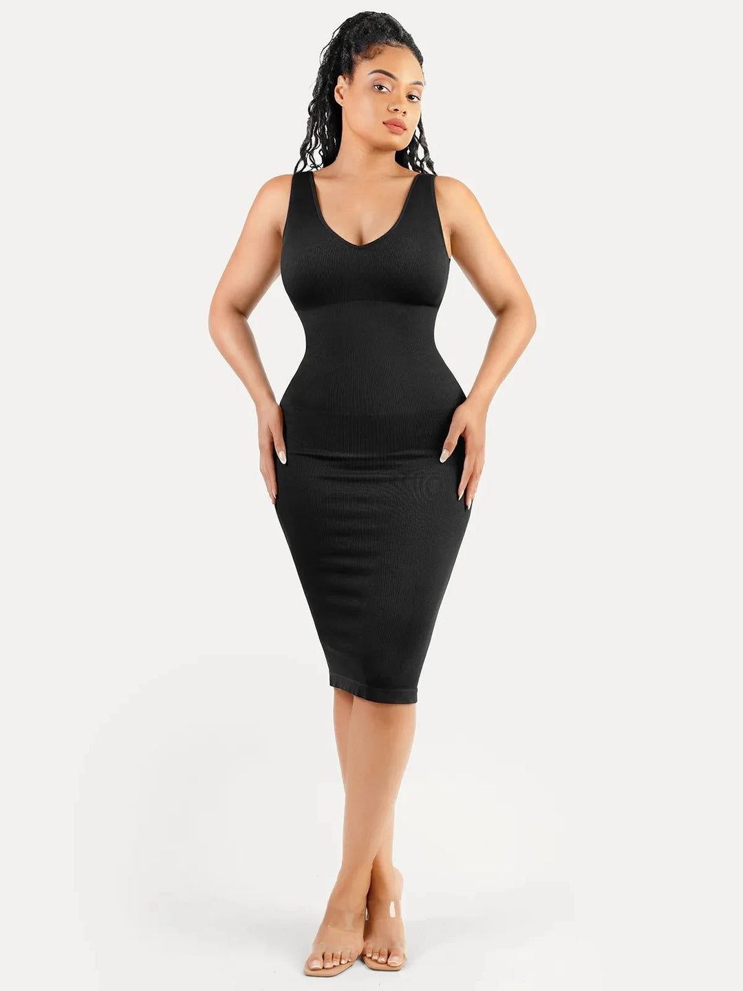 Deep V-Neck Shapewear Midi Dress | Tummy Control Popilush Deep V-Neck Shapewear Midi Dress | Tummy Control Popilush