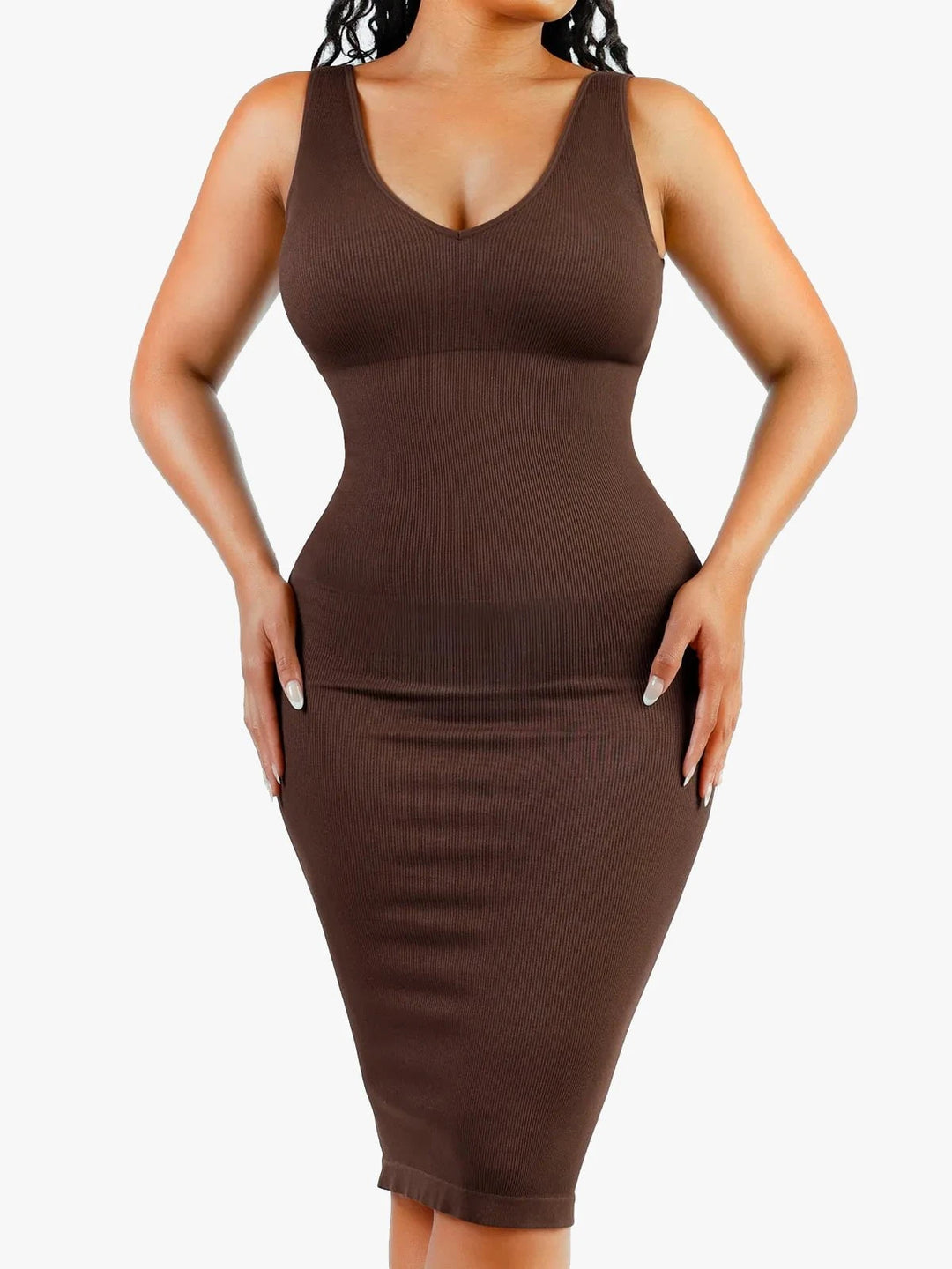 Popilush® Brown / XS/S Shapewear Deep V-Neck Tummy Control Midi Dress
