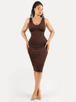 Brown ribbed V-neck midi shapewear dress with tummy control and seamless fit.