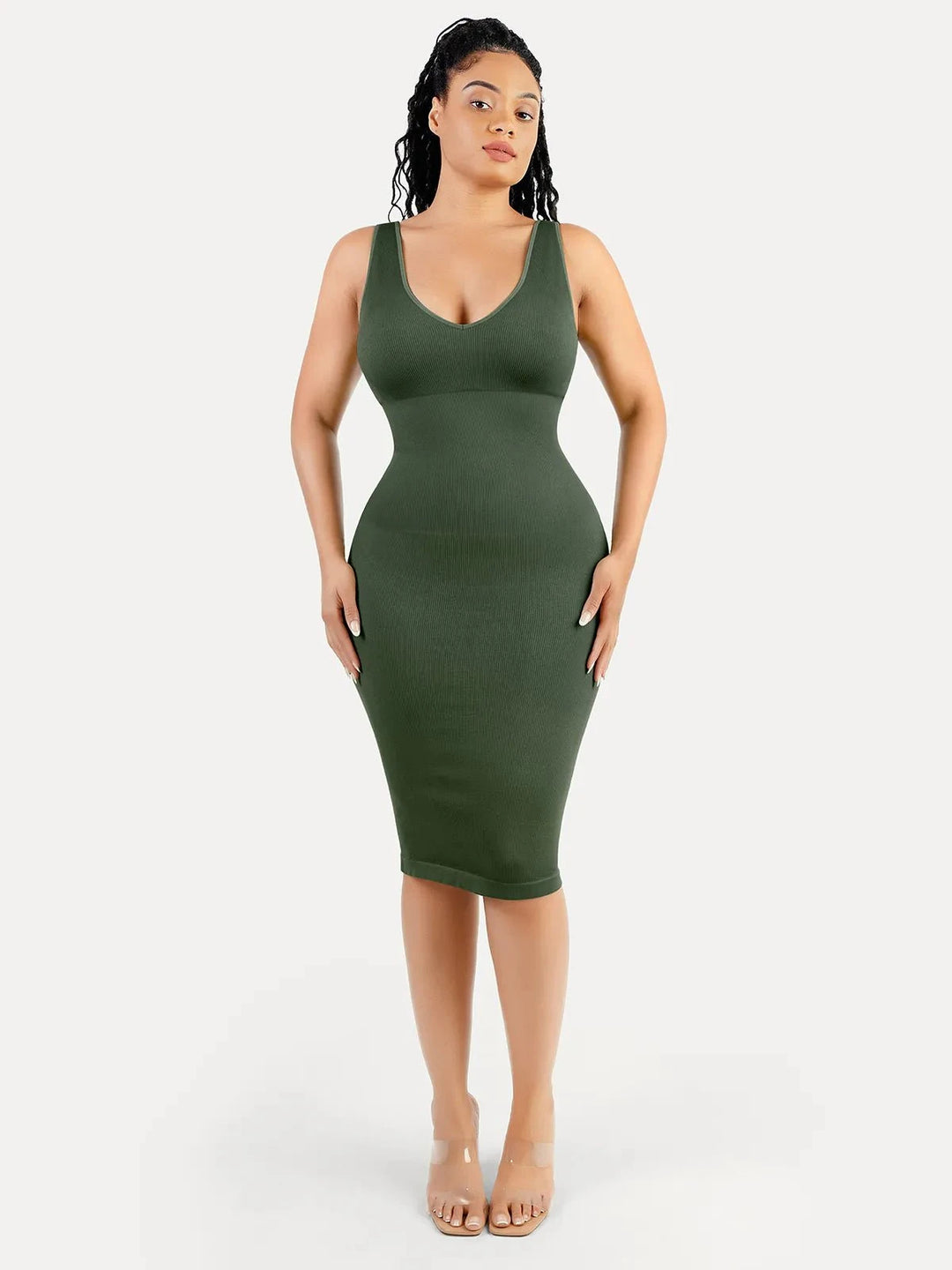 Deep V-Neck Shapewear Midi Dress | Tummy Control Popilush Deep V-Neck Shapewear Midi Dress | Tummy Control Popilush