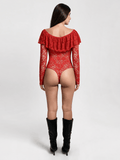 Popilush® Shapewear Deep V Ruffle Lace Long Sleeve Bodysuit