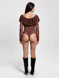 Popilush® Shapewear Deep V Ruffle Lace Long Sleeve Bodysuit