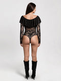 Popilush® Shapewear Deep V Ruffle Lace Long Sleeve Bodysuit