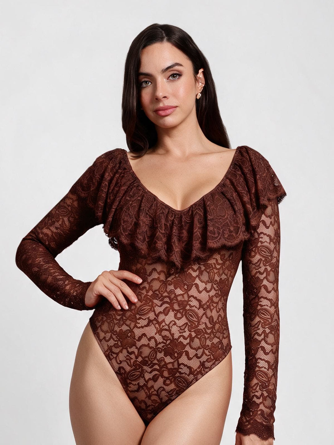 Popilush® Shapewear Deep V Ruffle Lace Long Sleeve Bodysuit