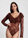 Popilush® Shapewear Deep V Ruffle Lace Long Sleeve Bodysuit