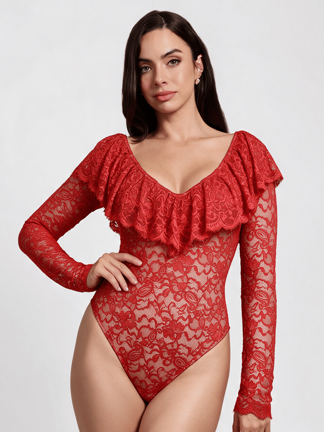 Popilush® Shapewear Deep V Ruffle Lace Long Sleeve Bodysuit