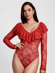 Popilush® Shapewear Deep V Ruffle Lace Long Sleeve Bodysuit