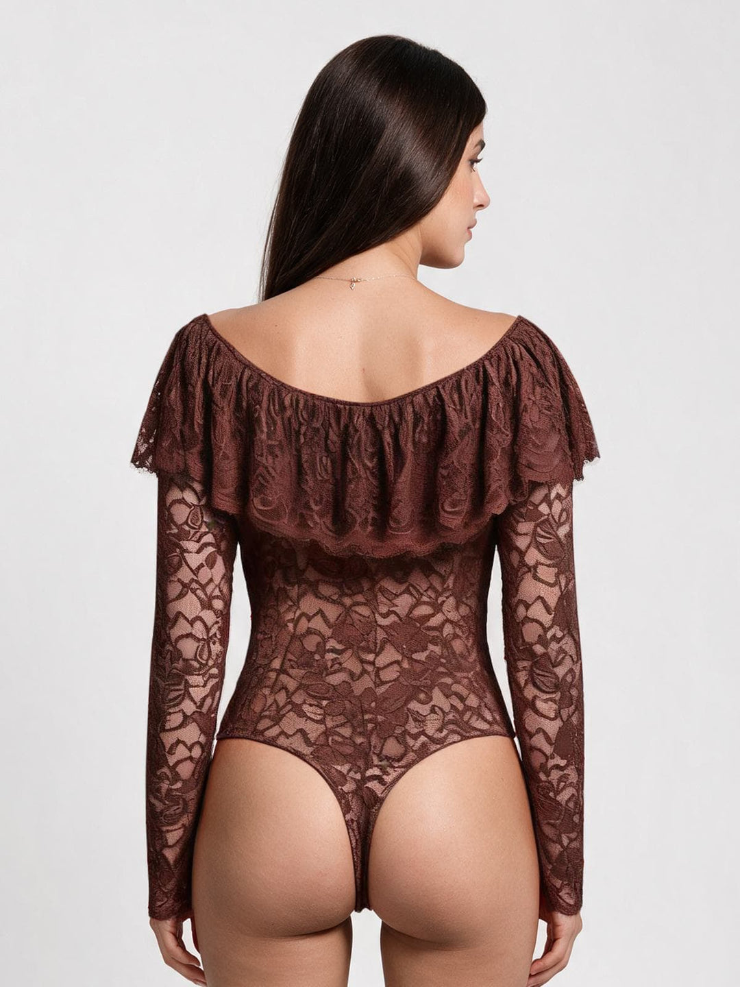 Popilush® Shapewear Deep V Ruffle Lace Long Sleeve Bodysuit