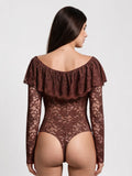 Popilush® Shapewear Deep V Ruffle Lace Long Sleeve Bodysuit