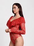 Popilush® Shapewear Deep V Ruffle Lace Long Sleeve Bodysuit