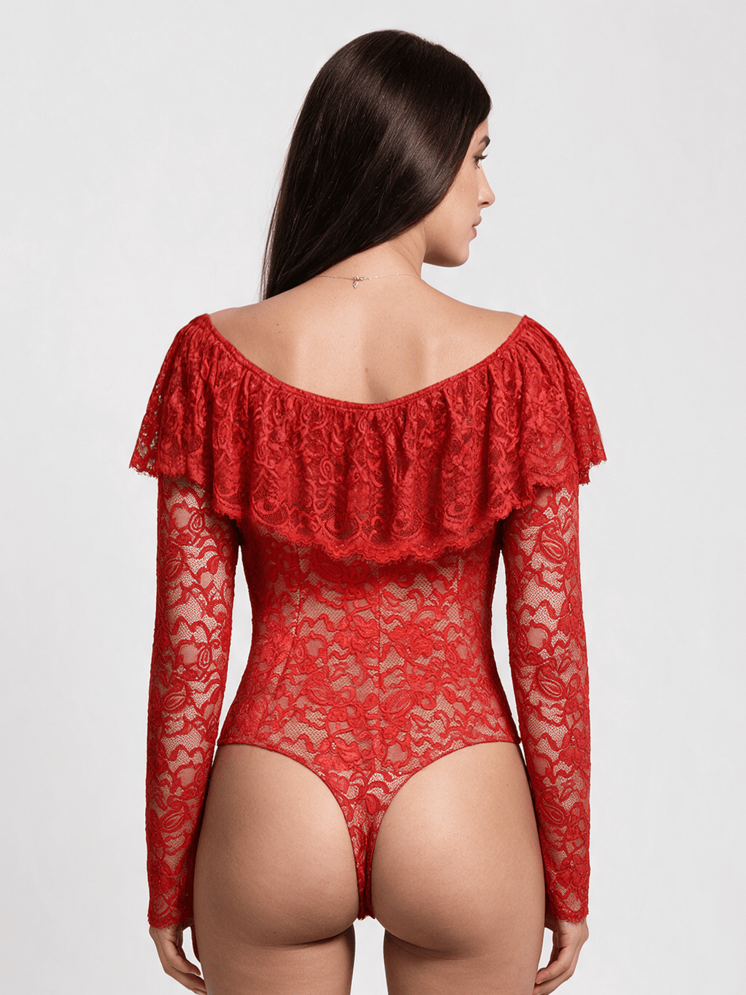 Popilush® Shapewear Deep V Ruffle Lace Long Sleeve Bodysuit