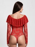 Popilush® Shapewear Deep V Ruffle Lace Long Sleeve Bodysuit