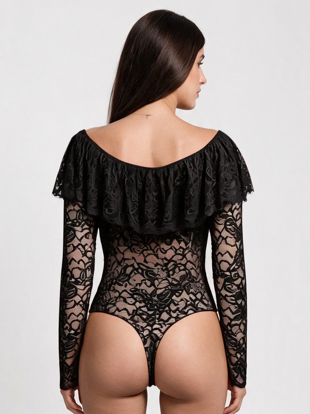 Popilush® Shapewear Deep V Ruffle Lace Long Sleeve Bodysuit