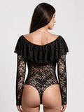 Popilush® Shapewear Deep V Ruffle Lace Long Sleeve Bodysuit