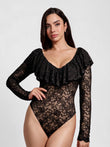 Popilush® Shapewear Deep V Ruffle Lace Long Sleeve Bodysuit