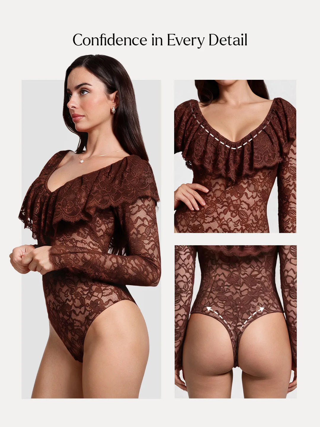 Popilush® Shapewear Deep V Ruffle Lace Long Sleeve Bodysuit