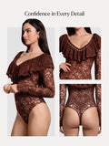 Popilush® Shapewear Deep V Ruffle Lace Long Sleeve Bodysuit