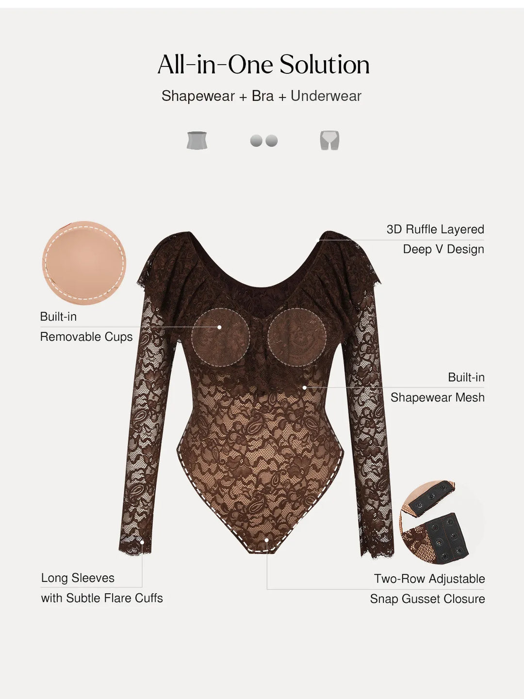 Popilush® Shapewear Deep V Ruffle Lace Long Sleeve Bodysuit
