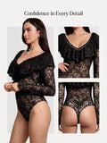 Popilush® Shapewear Deep V Ruffle Lace Long Sleeve Bodysuit