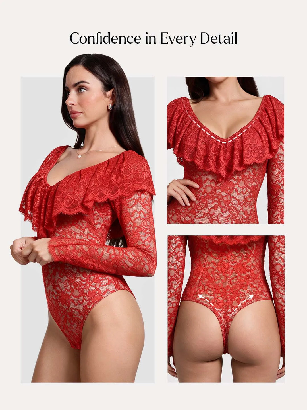 Popilush® Shapewear Deep V Ruffle Lace Long Sleeve Bodysuit