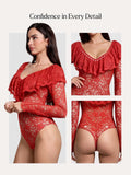 Popilush® Shapewear Deep V Ruffle Lace Long Sleeve Bodysuit