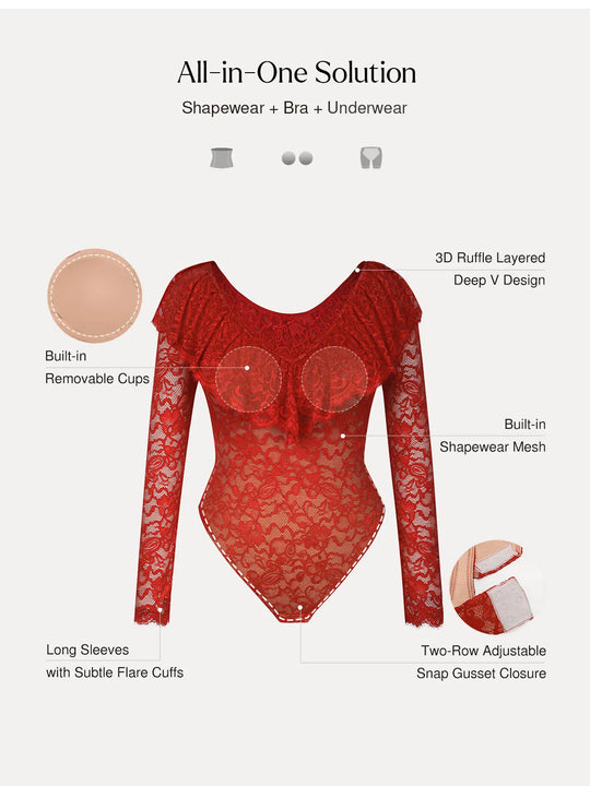 Shapewear Deep V Ruffle Lace Long Sleeve Bodysuit