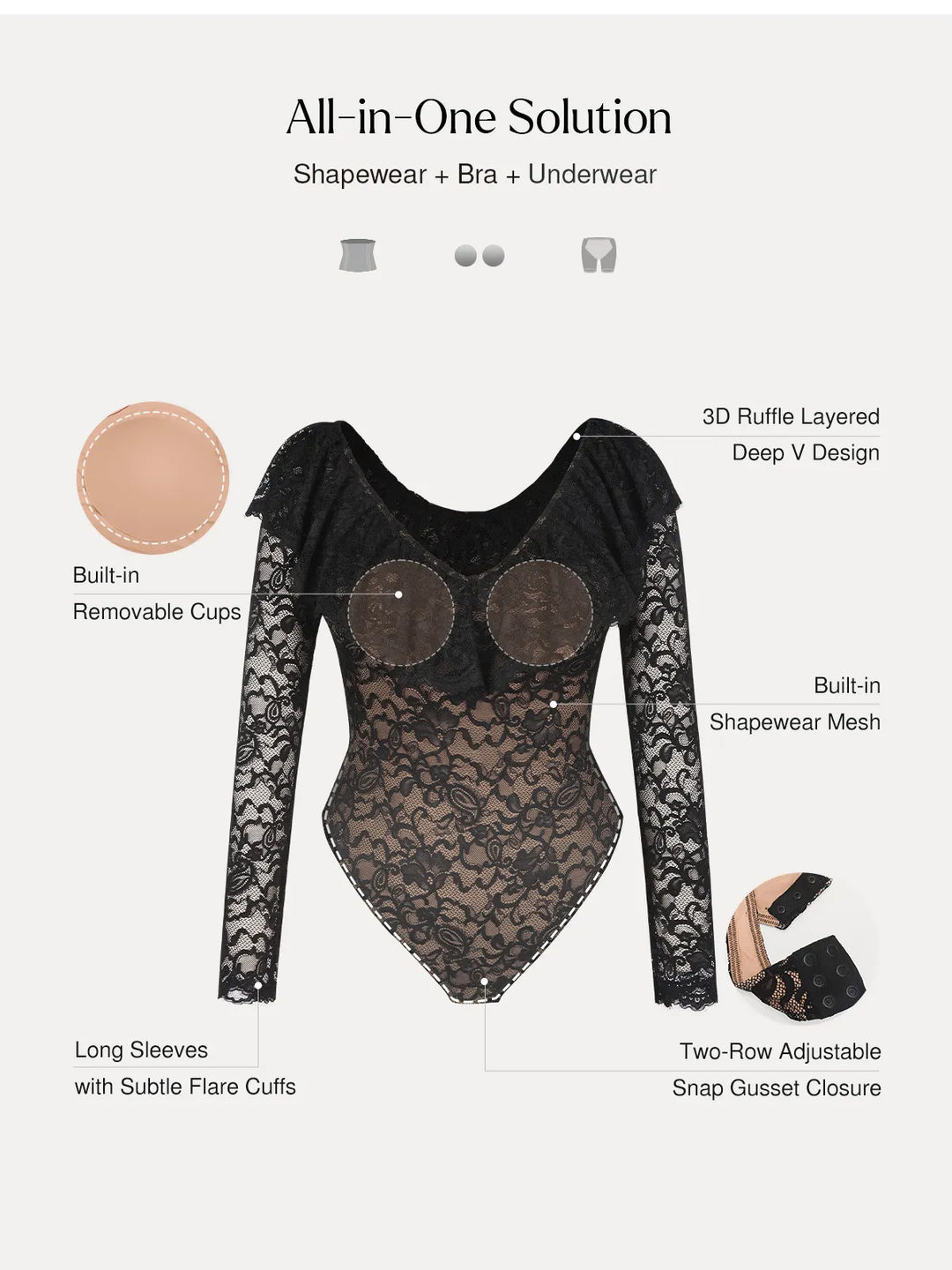 Popilush® Shapewear Deep V Ruffle Lace Long Sleeve Bodysuit