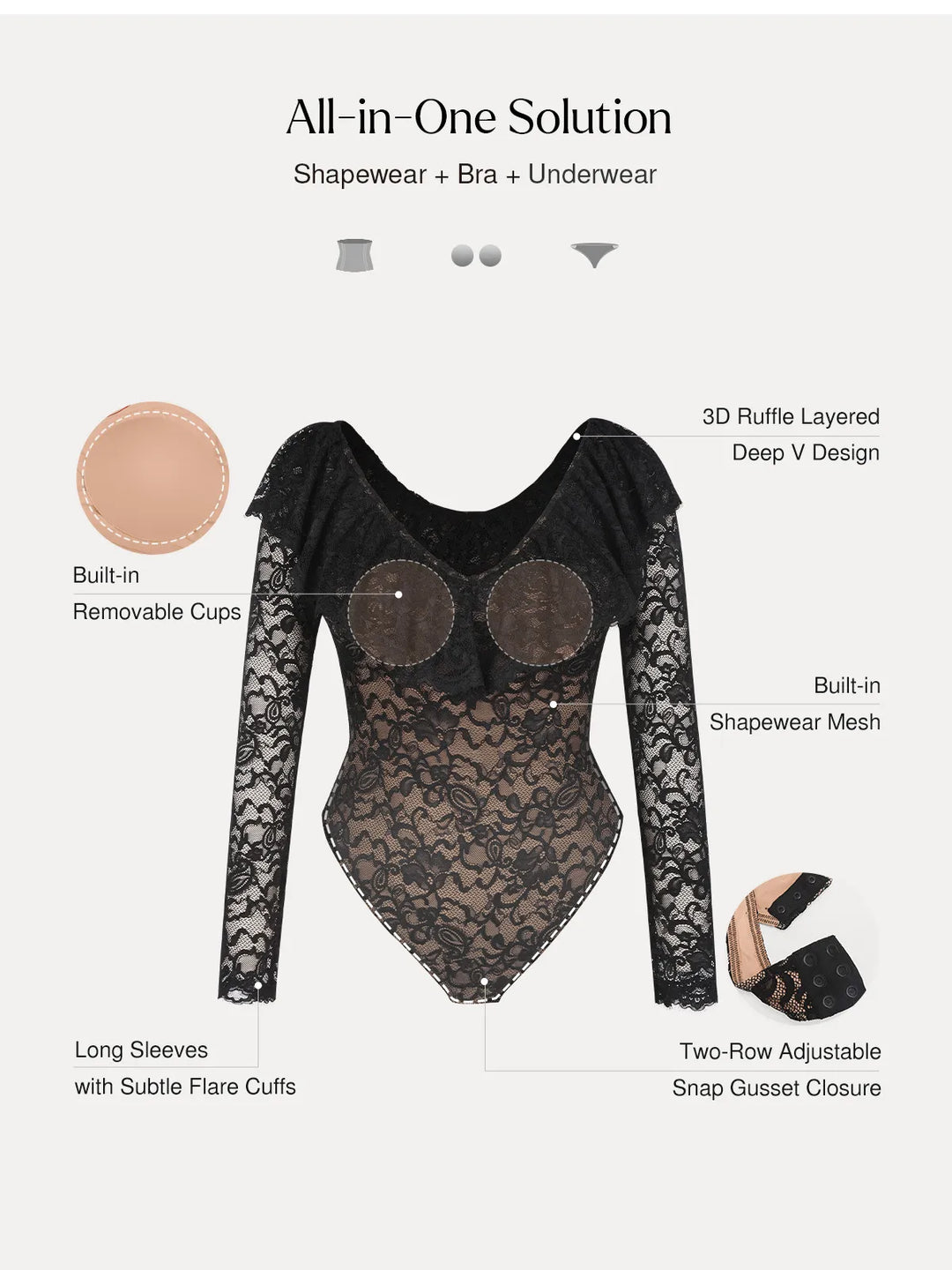 Popilush® Shapewear Deep V Ruffle Lace Long Sleeve Bodysuit