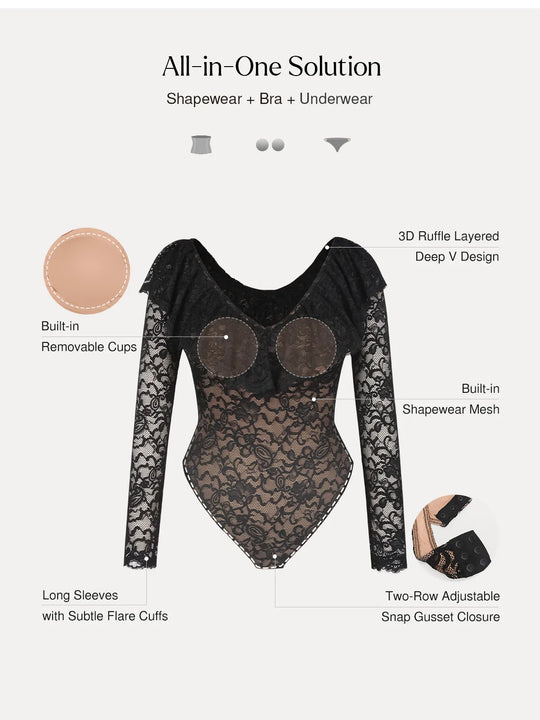 Shapewear Deep V Ruffle Lace Long Sleeve Bodysuit