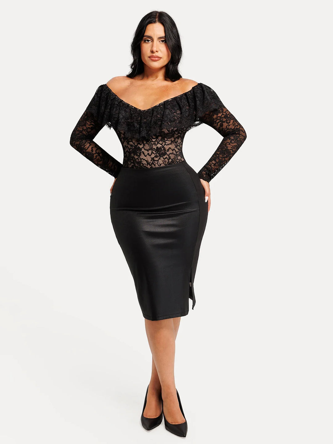 Popilush® Shapewear Deep V Ruffle Lace Long Sleeve Bodysuit