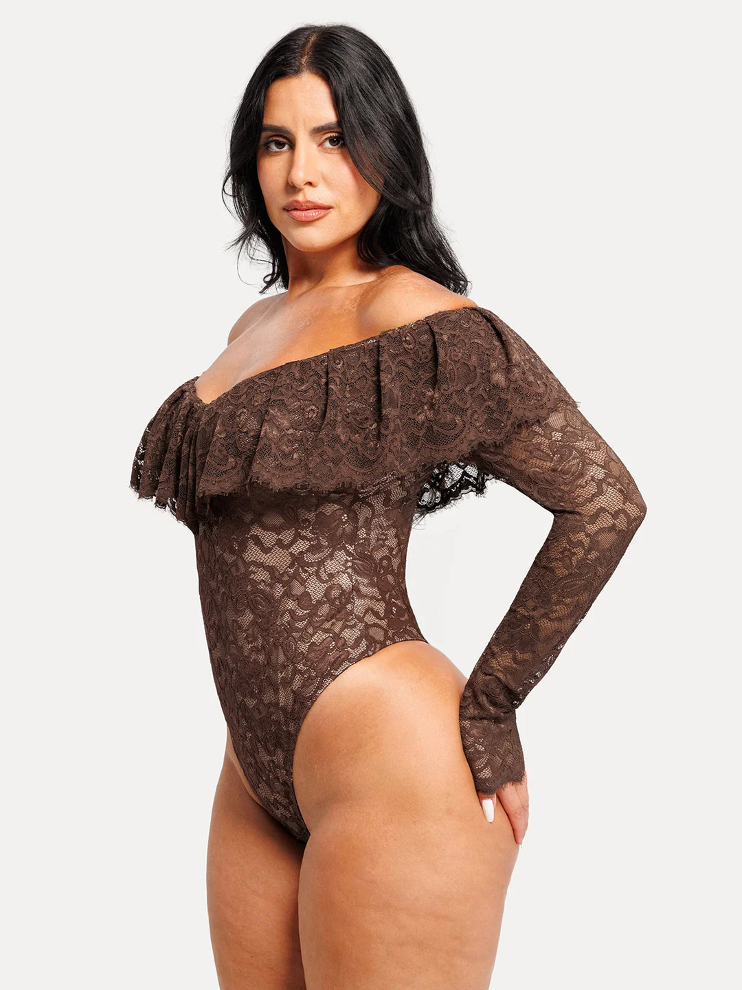 Popilush® Shapewear Deep V Ruffle Lace Long Sleeve Bodysuit