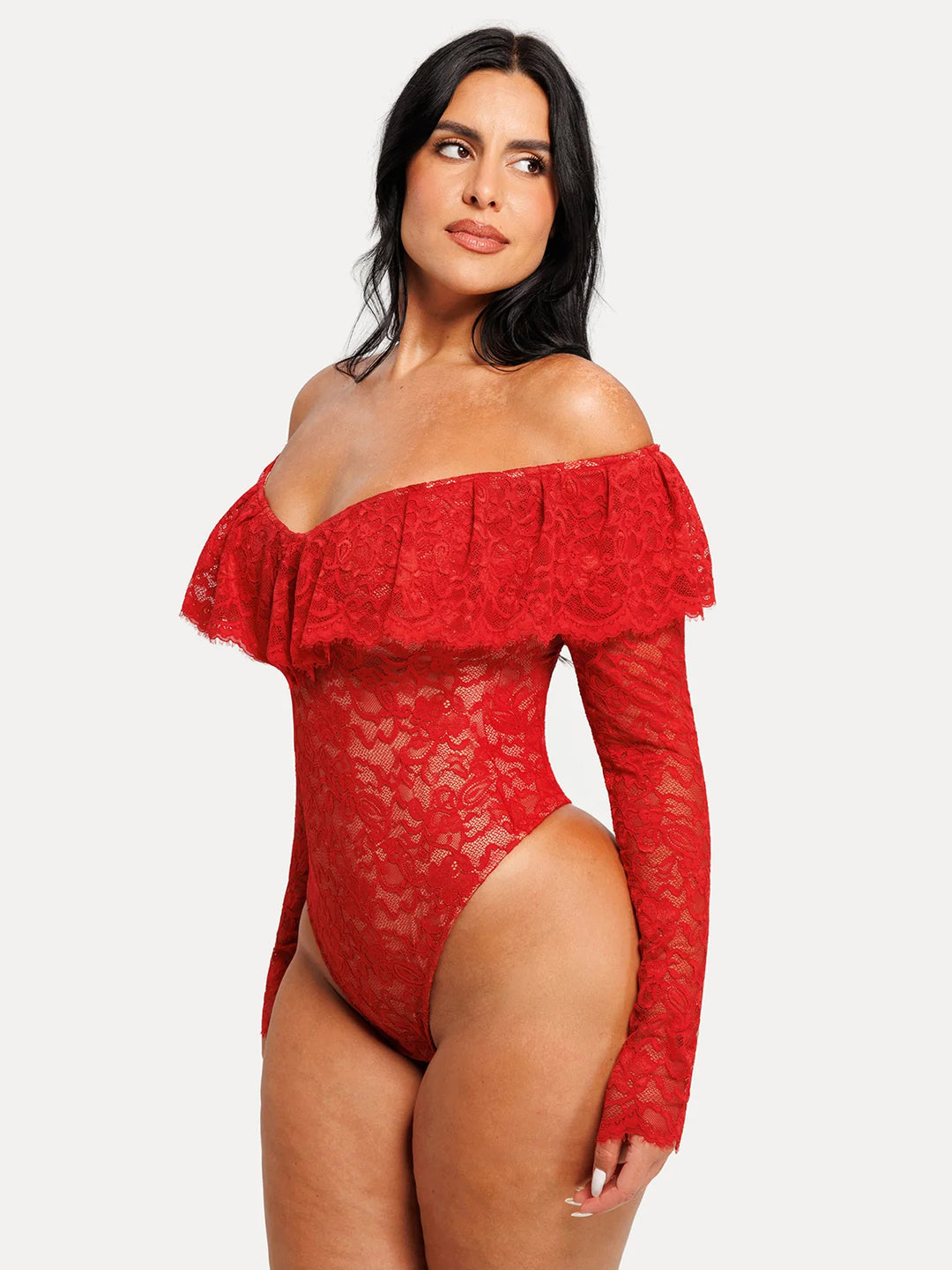 Popilush® Shapewear Deep V Ruffle Lace Long Sleeve Bodysuit