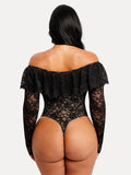 Popilush® Shapewear Deep V Ruffle Lace Long Sleeve Bodysuit